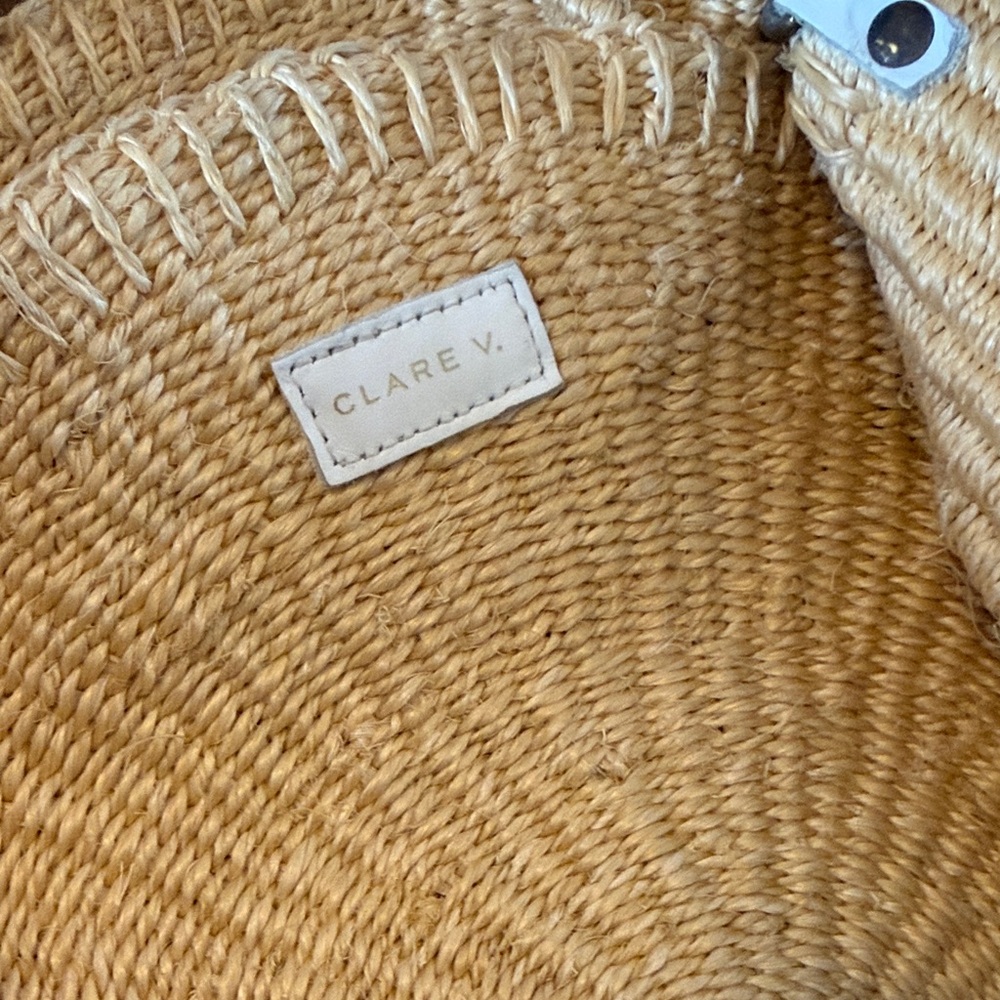 Clare V Alice Natural Woven Round Straw Tote with White Straps beach bag - Picture 2 of 5